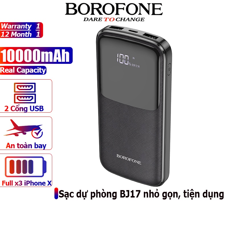 Pin sạc dự phòng 10000mAh BOROPHONE BJ17 có đèn báo LED, 2 cổng ra USB - Chính hãng