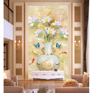 Tranh dán tường 3D bình hoa sen - vải lụa phủ kim sa