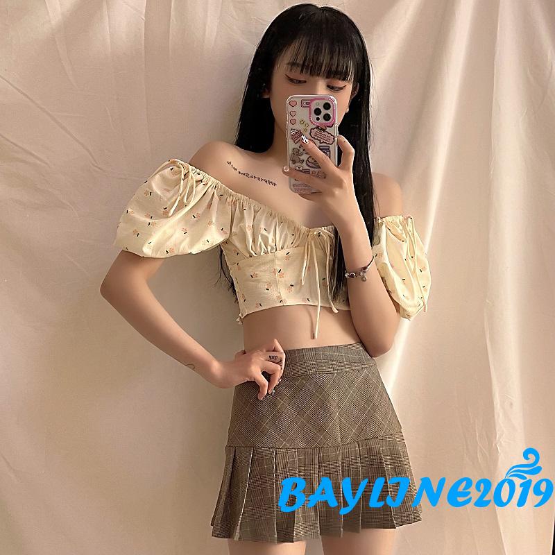 Áo croptop trễ vai tay phồng ngắn in họa tiết hoa thời trang mùa hè cho nữ