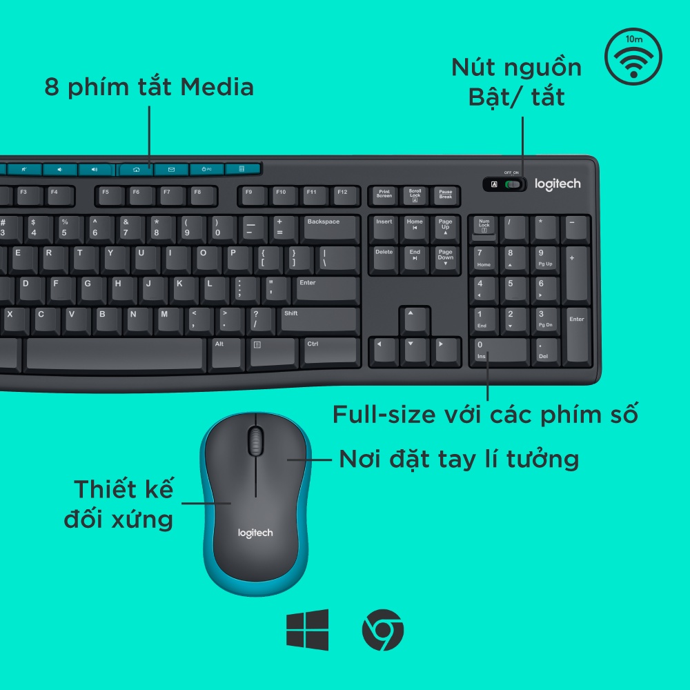 [Mã ELLOGIWL5 giảm 10% đơn 500K] Combo chuột phím không dây Logitech MK275 - Phím media &amp; viền chuột nổi bật, 1 đầu USB