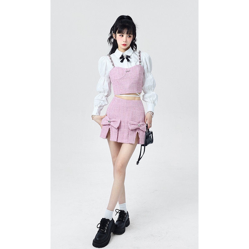Set Đồ Gồm Chân Váy Lưng Cao Đính Nơ Màu Hồng Nhỏ Phong Cách Preppy Dễ Phối Đồ Thời Trang Mùa Hè Mới