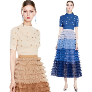 Set áo len dài tay + chân váy xếp tầng thời trang dành nữ