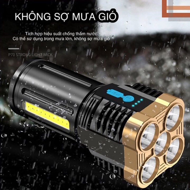 Đèn Pin Siêu Sáng Cầm 5 Bóng Chiếu Xa 200m, Chống Thấm Nước, 4 Chế Độ Sáng, Đèn Pin Mini Pro Có COB Phụ