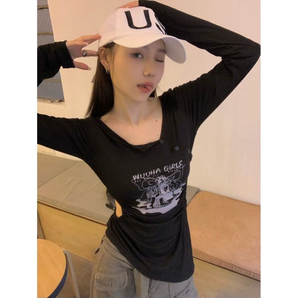 Áo Thun Tay Dài In Họa Tiết Hoạt Hình Phong Cách Retro Dành Cho Nữ