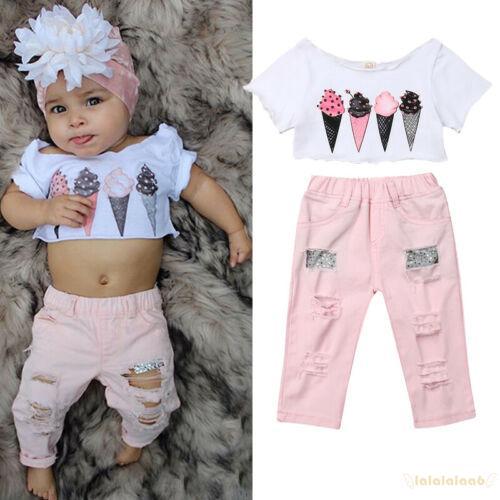 Bộ áo croptop kèm quần jean rách dễ thương cho bé gái