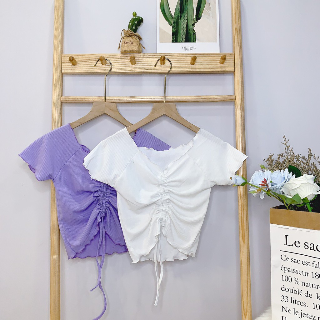 Áo kiểu rút dây giữa viền cuồn biên chất thun gân mềm mịn cực xinh