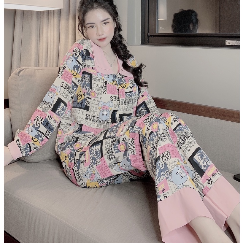 Đồ bộ nữ pijama lụa ngủ dễ thương mặc nhà dài tay quần dài mango cao cấp JUSOKA