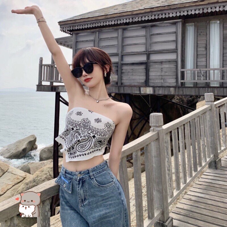 Áo Yếm Thổ Cẩm Quây Trắng - Áo Quây Tam Giác Chun Lưng Body Sexy