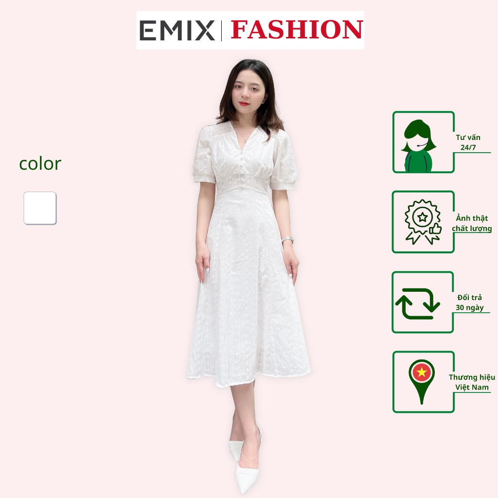 Váy tiểu thư khuy ngọc EMIX (màu trắng), basic dress, dáng dài maxi, cổ V, cộc tay, dáng chữ A, chất  thô thêu hoa V020