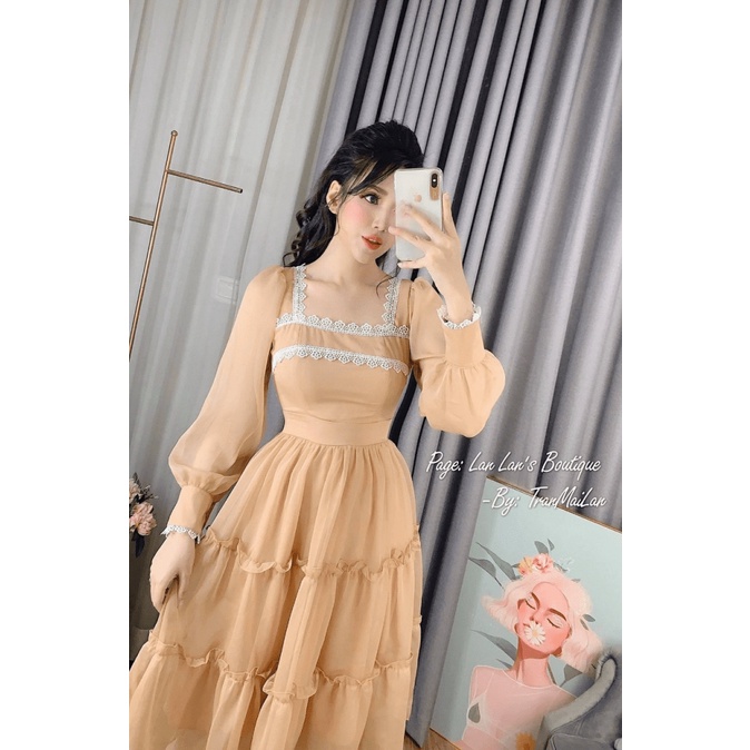 (Free ship) Mẫu Mới Thiết Kế Hợp Thời Trang | Mẫu Đầm Voan Có Viền Vai + Viền Cổ Tay Siêu Xinh UP HHP Fashion