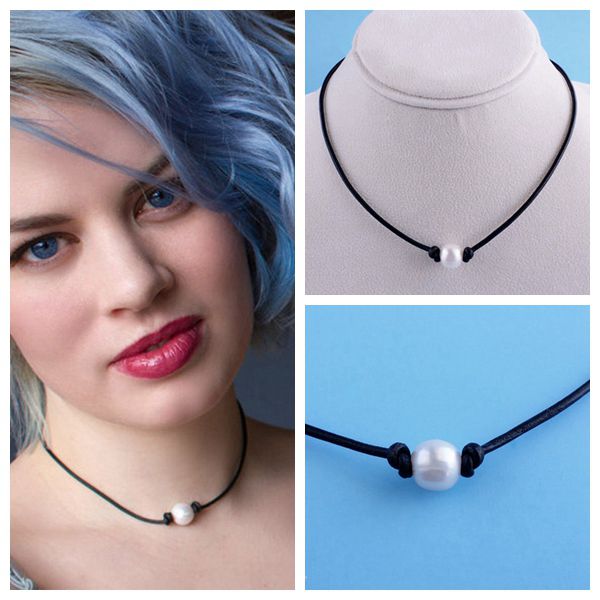 Vòng Cổ Choker Da Thật Đính Hạt Ngọc Trai Đơn Giản Mới