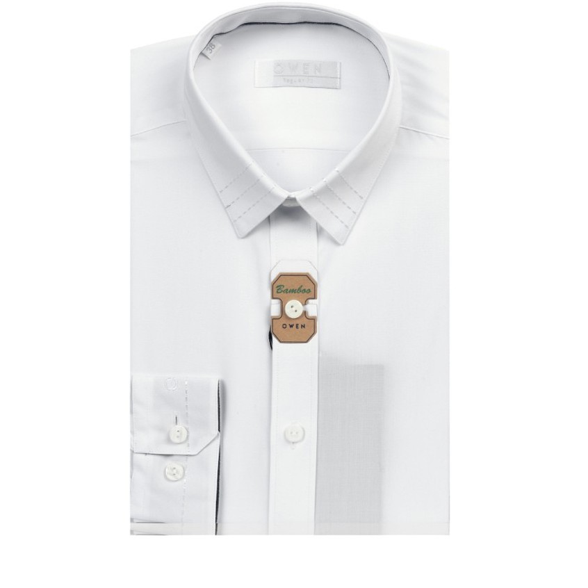 Áo sơ mi trắng owen họa tiết kẻ chìm trên cổ áo và tay sợi tre ko túi regular fit AR90527D