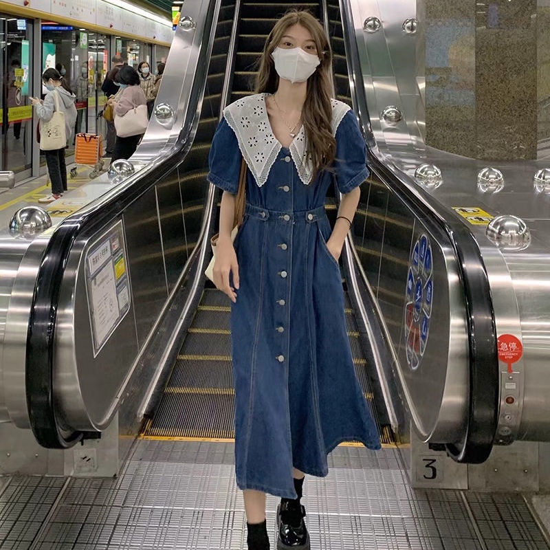 Đầm Denim Tay Ngắn Cổ Búp Bê Phối Ren Thiết Kế Mới Thời Trang Xuân Hè Cho Nữ
