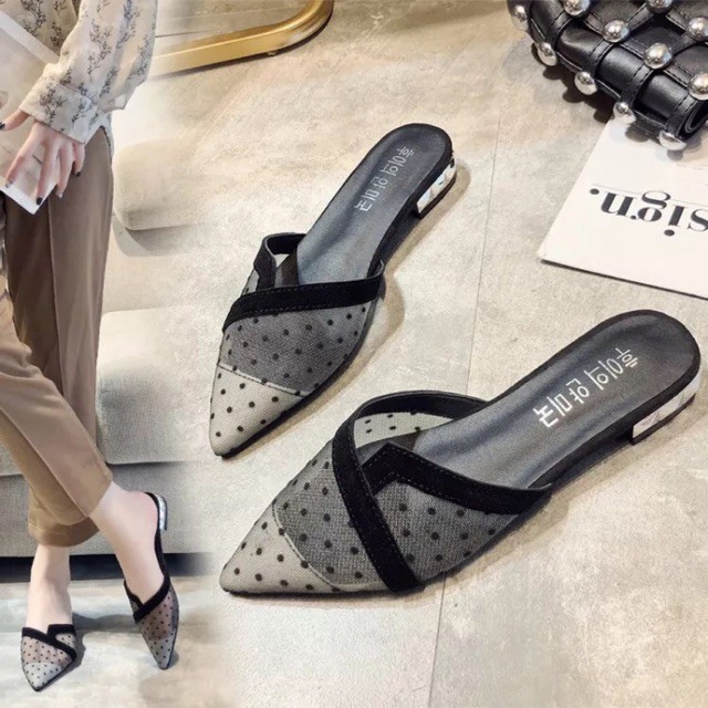 (Order) Dép sục lưới chấm bi viền đen, mũi nhọn đế gương