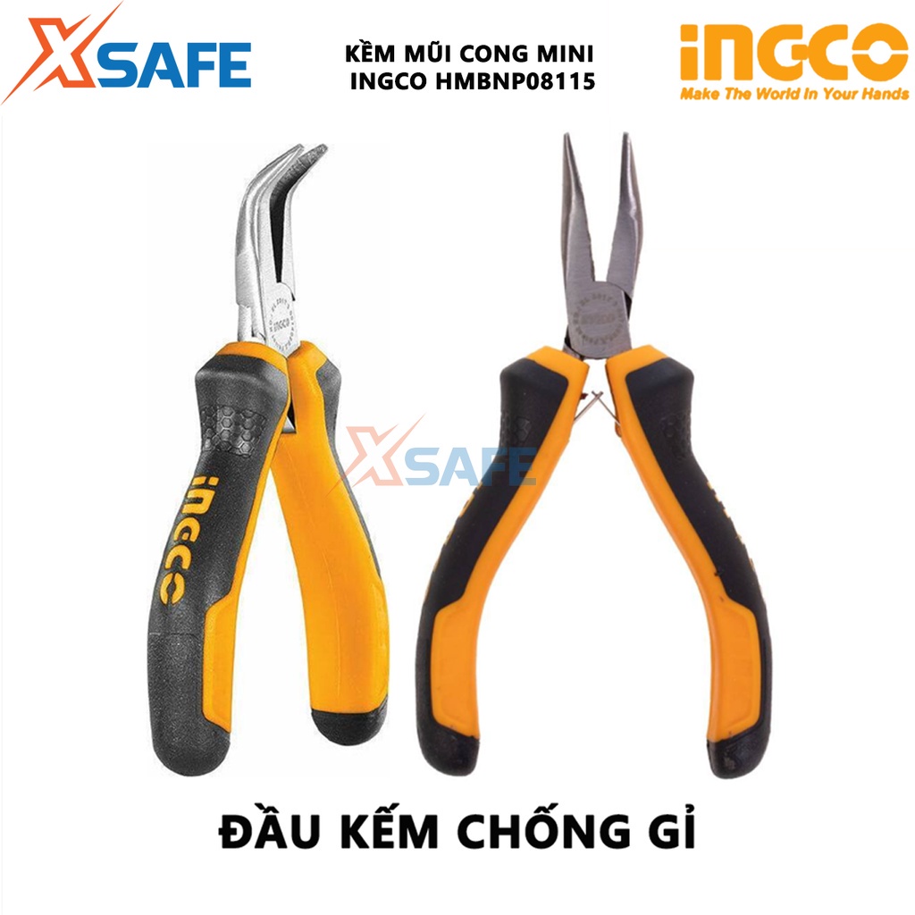 Kìm mũi cong mini INGCO HMBNP08115 Kềm mỏ cong đầu kềm chống gỉ được đánh bóng, tay cầm hai màu - XSAFE