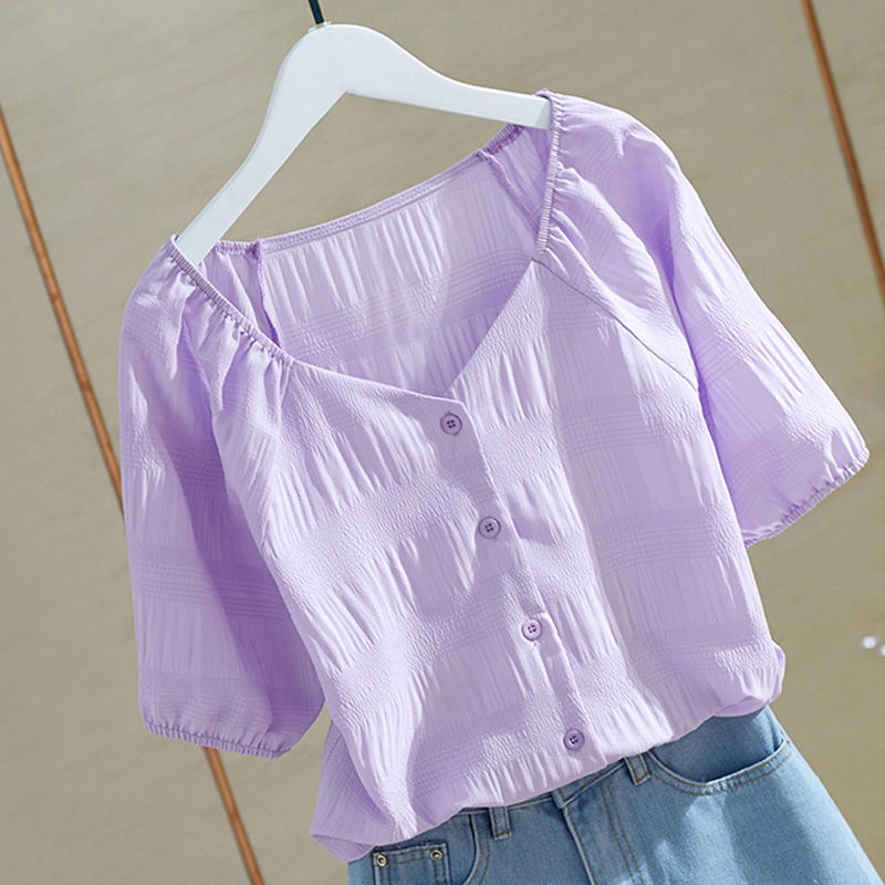 Áo Sơ Mi Trơn Ngắn Tay S-3xl 164524 Áo Sơ Mi Cổ Chữ v Dáng Rộng Xếp Ly Thời Trang