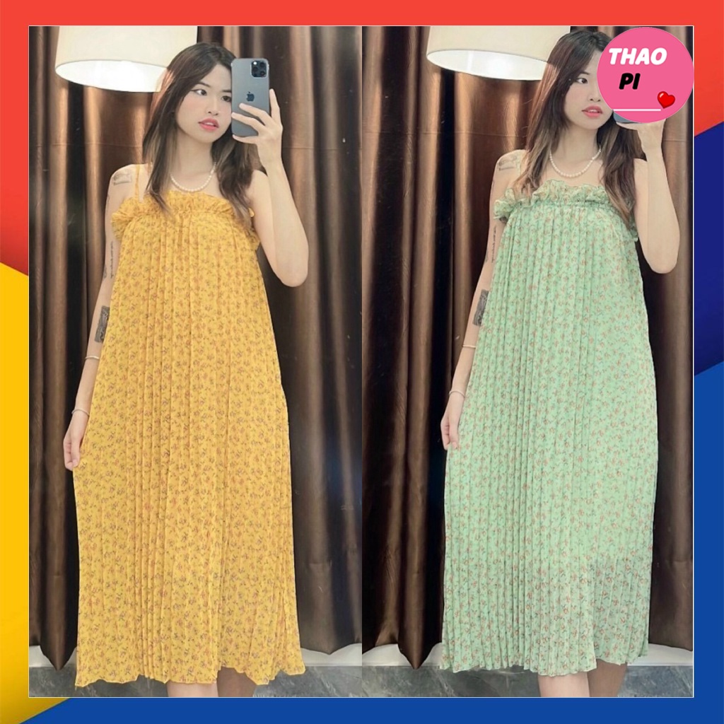 Đầm hai dây hoa nhí dáng suông dài phối bèo bầu bì bon chen đi chơi đi dạo đi du lịch siêu đẹp hình thật