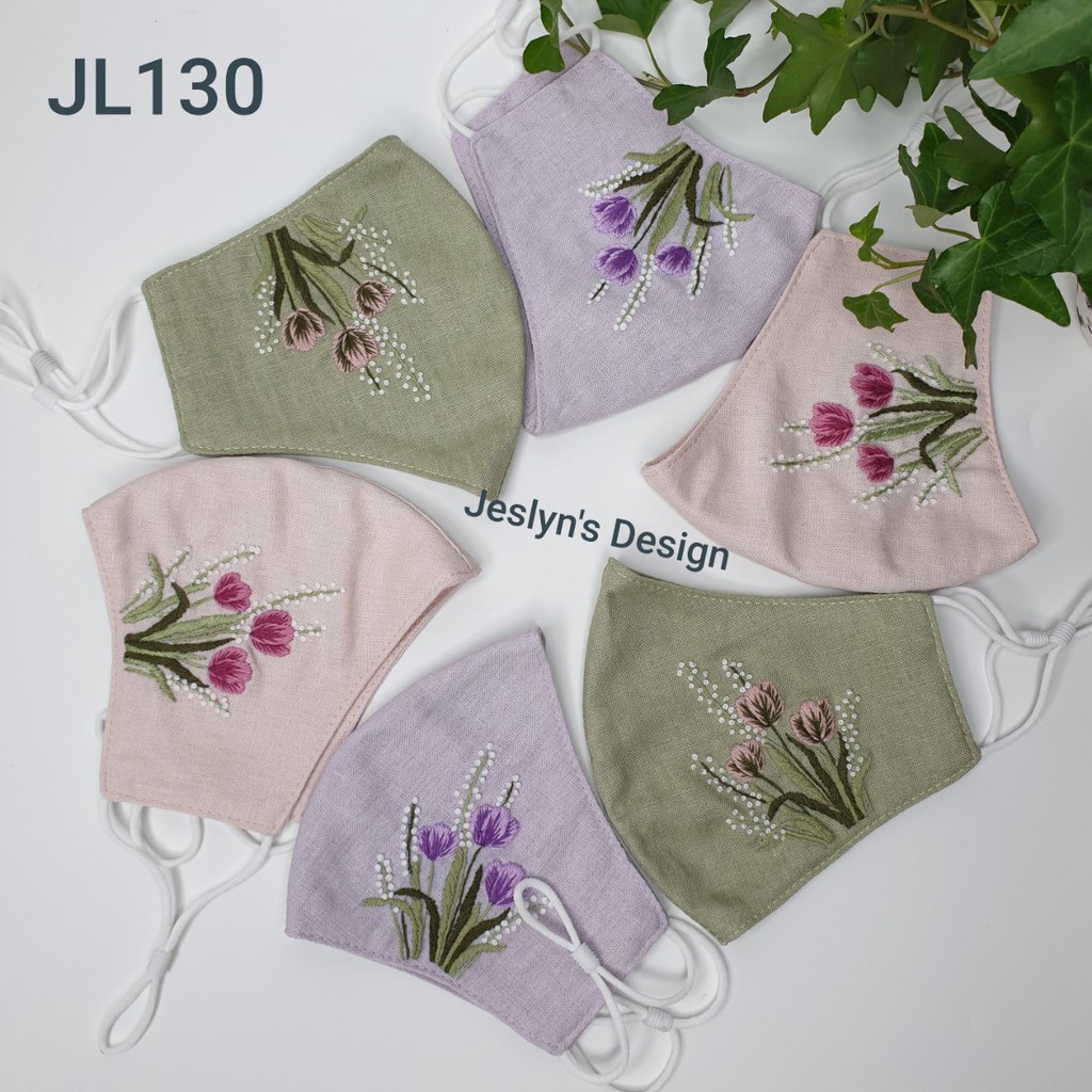 Khẩu trang thêu tay vải linen hình hoa JL130