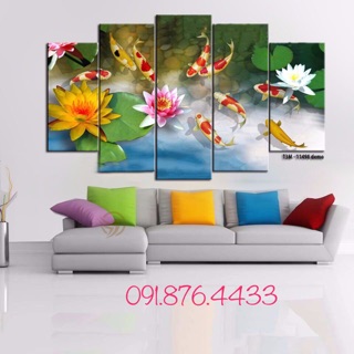 Tranh treo tường Bộ 5 tấm tranh CANVAS mẫu cá hoa sen,tranh phong cảnh ,đồng quê .