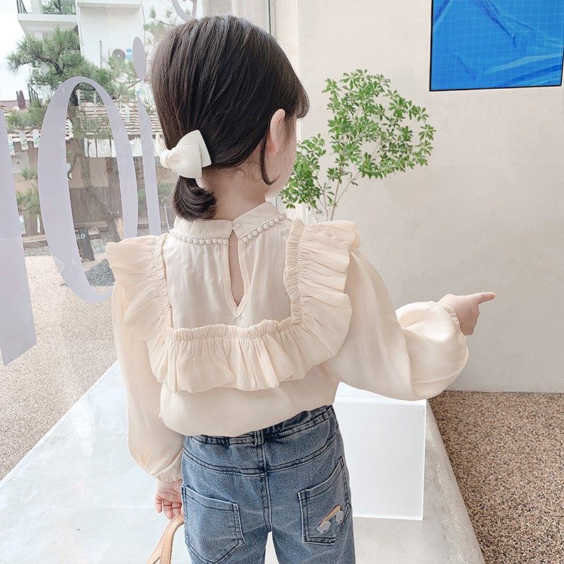 Áo Sơ Mi chiffon Cổ Cao Tay Phồng Phong Cách Hàn Quốc Cho Bé Gái Quần Áo Trẻ Em