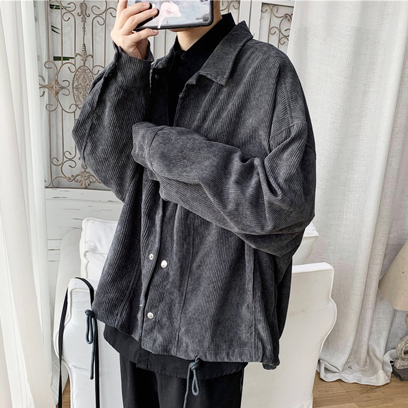 Áo Khoác Tay Dài Dáng Rộng Cài Khuy Vải Nhung Kẻ Màu Trơn Đơn Giản Thời Trang Hàn Quốc Cho Nam