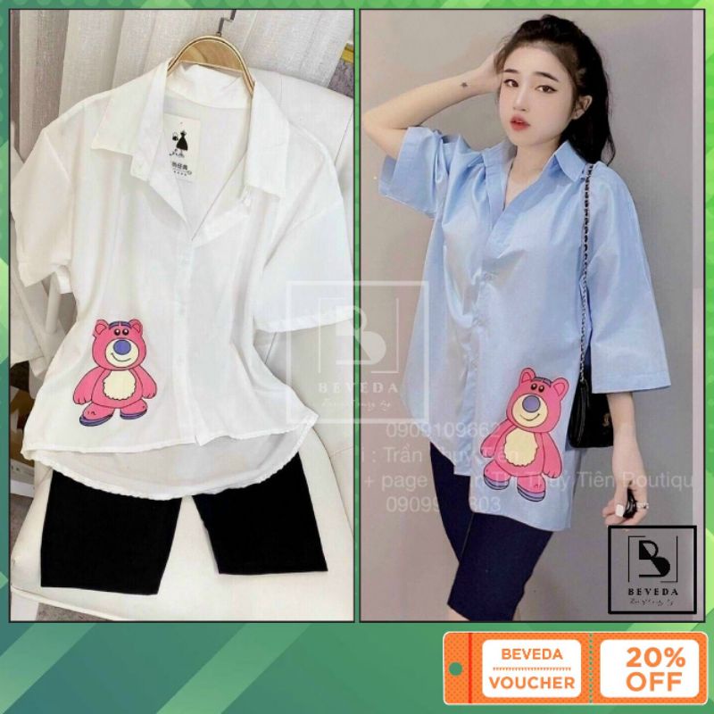 Áo Sơ Mi Nữ Tay Lỡ Form Rộng In Hình Gấu Dễ Thương alohashop91