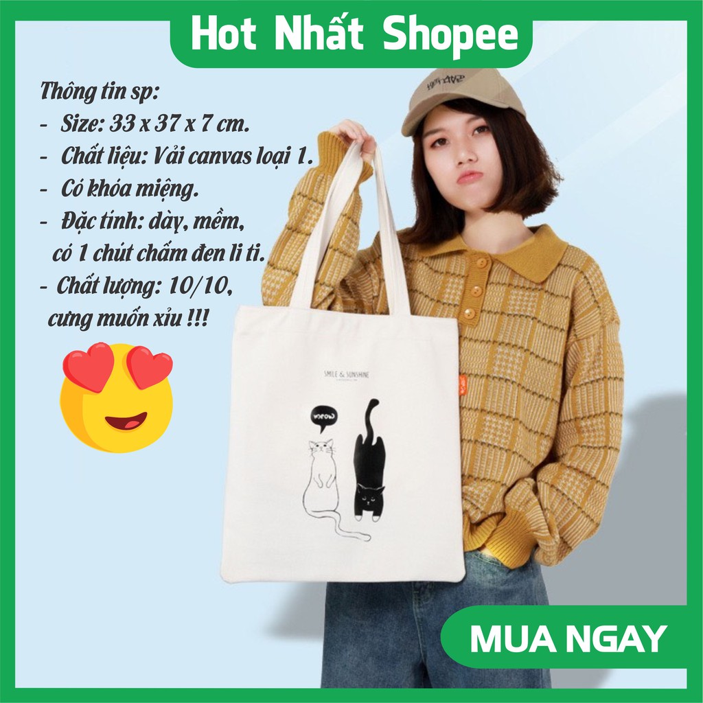 Túi tote vải canvas đựng đồ đi học đi chơi đi làm tiện lợi in hình 2 con mèo ngộ nghĩnh phong cách thời trang Hàn Quốc