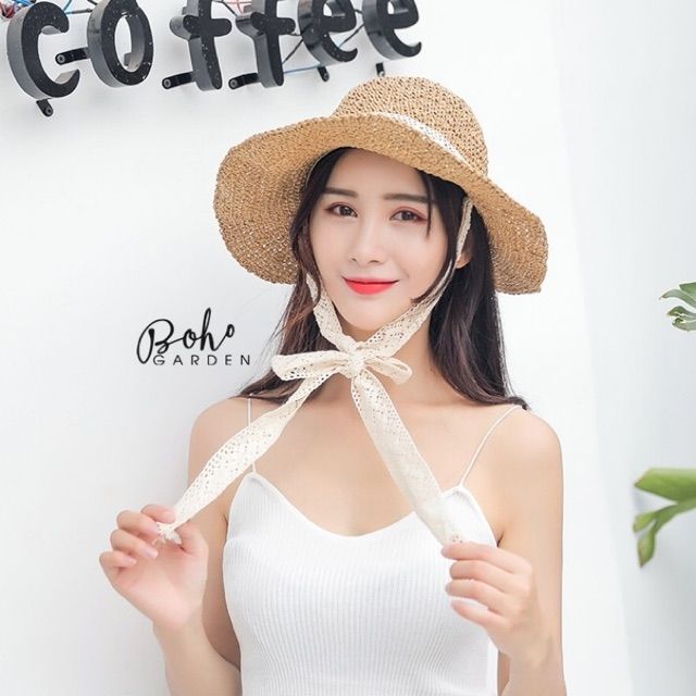 Mũ cói ulzzang cột nơ ren siêu đẹp