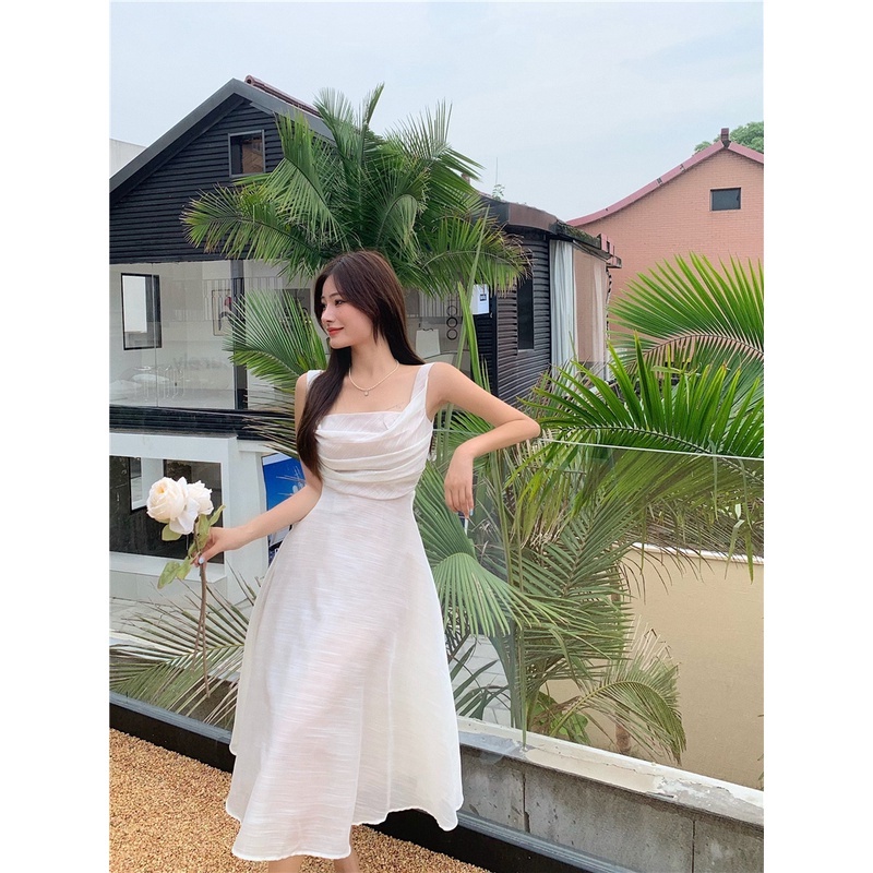 Váy 2 dây thân dài dịu dàng nữ tính cổ vuông nhún ngực phong cách nhẹ nhàng quyến rũ