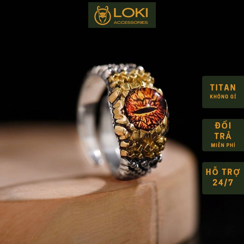 Nhẫn nam nữ tròn Loki Accesories thời trang unisex màu bạc chất Titan đẹp đơn giản không gỉ - Nhẫn Mắt Rồng