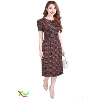 Đầm hoa văn khối đỏ ThoiTrangXinh DL678
