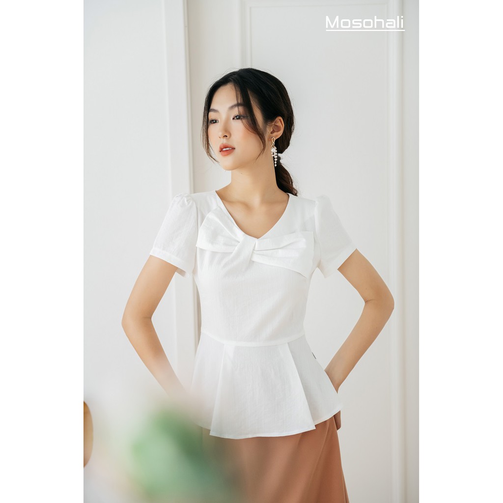 Sơ mi nữ khóa sau nơ ngực Mosohali dáng ôm thời trang công sở