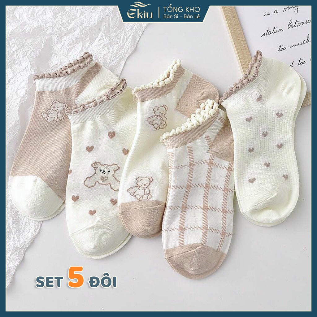 Tất cổ thấp nữ set 5 đôi họa tiết dễ thương, vớ cổ thấp chất liệu cotton co giãn 4 chiều - Ekiu Shop