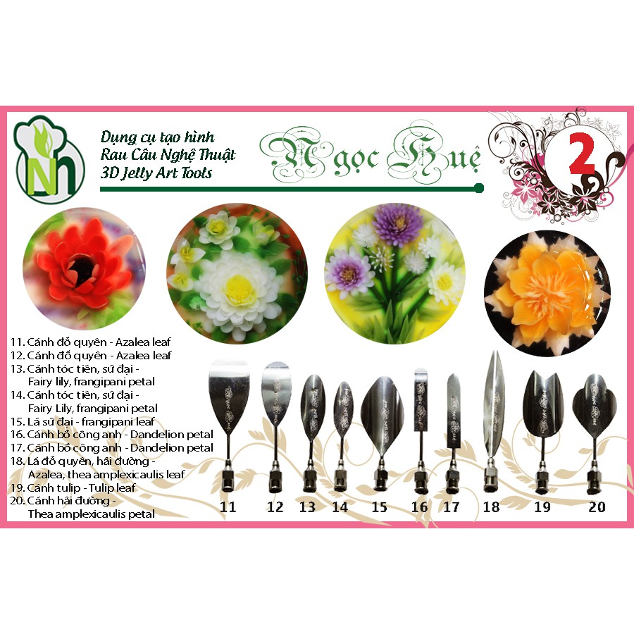 Dụng cụ rau câu 3D Ngọc Huệ (bộ số 2 - hoa đỗ quyên, hoa tóc tiên, hoa bồ công anh, hoa tulip, hoa hải đường)