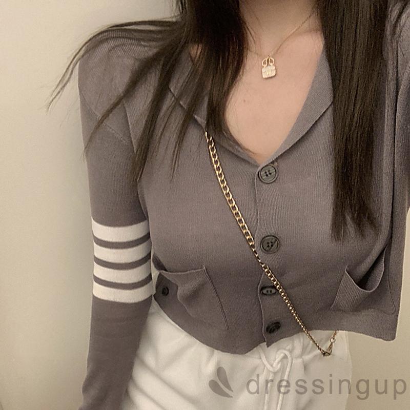 Áo khoác cardigan cổ chữ V tay dài họa tiết kẻ sọc có túi thời trang cho nữ