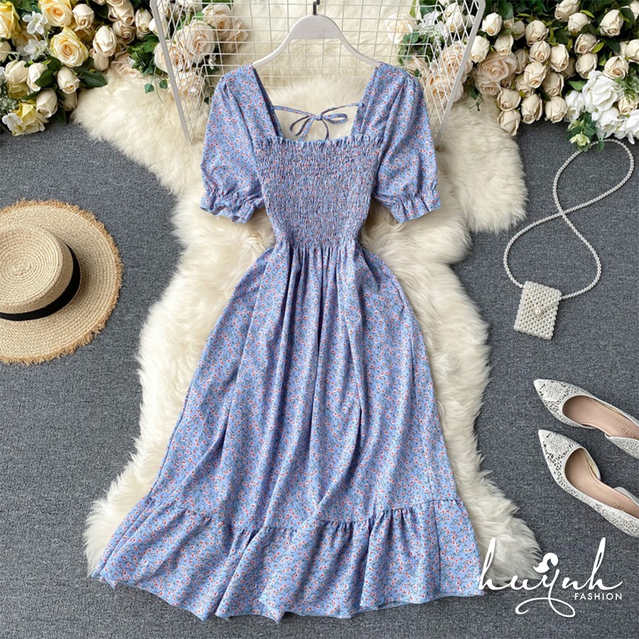 Đầm hoa cổ vuông tay ngắn xếp ly - DDTN02