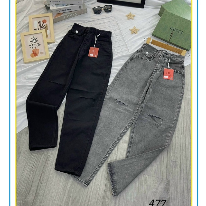 Quần baggy jean cạp cao rách gối nhẹ - Quần bò nữ chuẩn fom - chất jean mềm không dãn - Jeans Fashion93