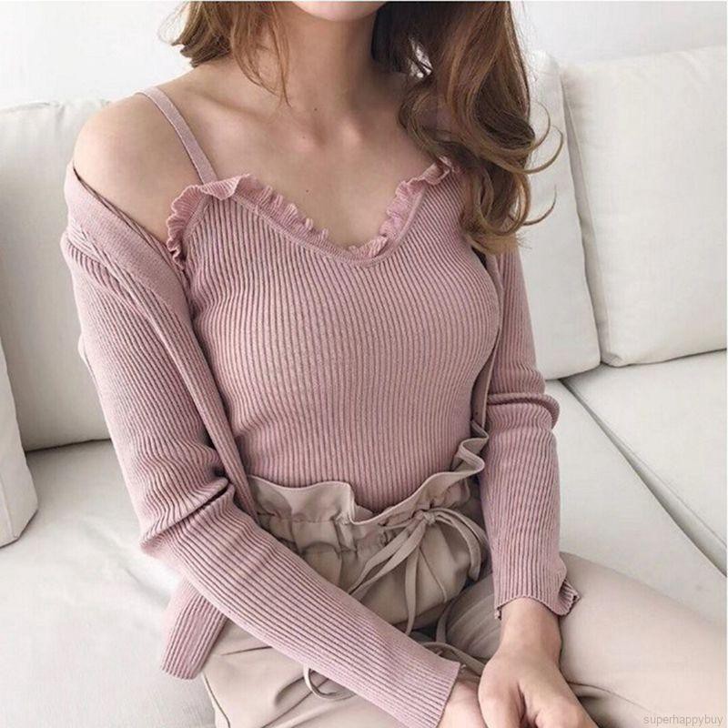 Áo 2 dây bằng len đan màu đơn sắc gợi cảm viền phối ren xinh xắn
