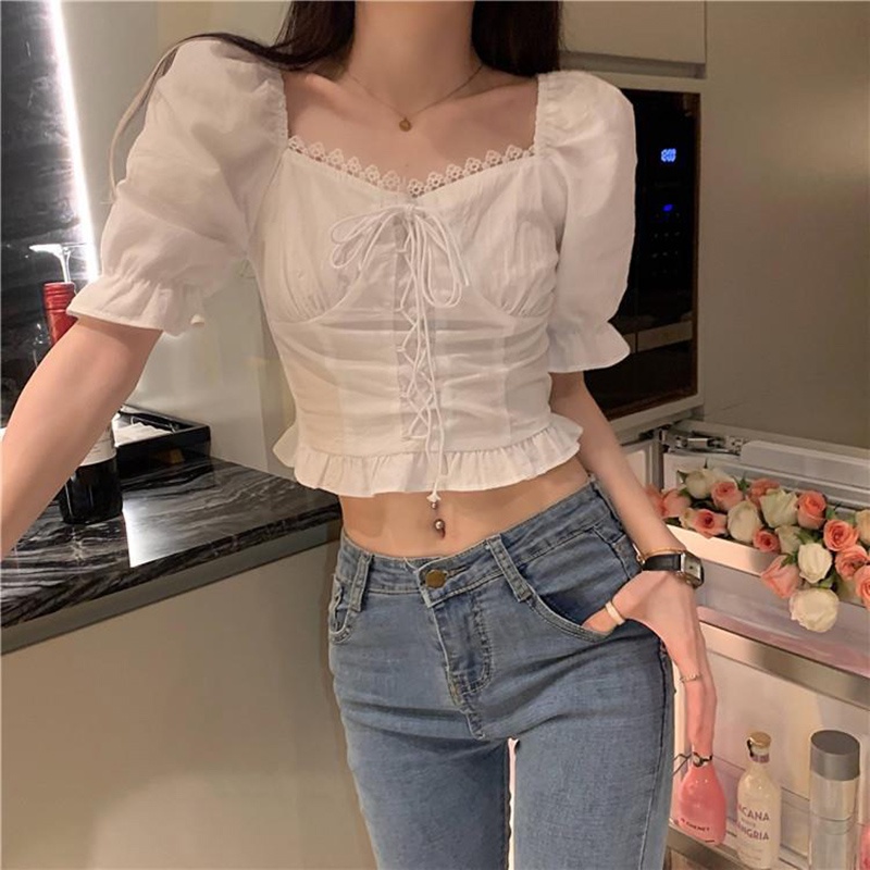 Áo croptop IELGY cổ vuông phong cách Pháp thời trang mùa hè xinh xắn cho nữ
