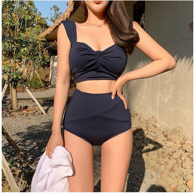 Bikini 2 dây bảng to xoắn nhún ngực siêu dễ thương xanh nước biển và xanh đen