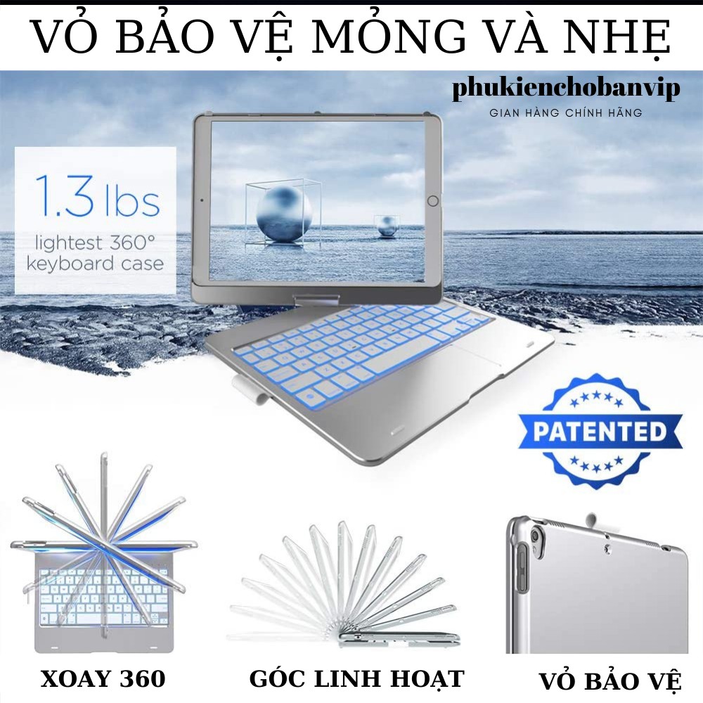 Bàn phím bluetooth 7 màu đèn nền có chuột dùng cho ipad 10.2 và ipad 10.5 xoay 360 độ