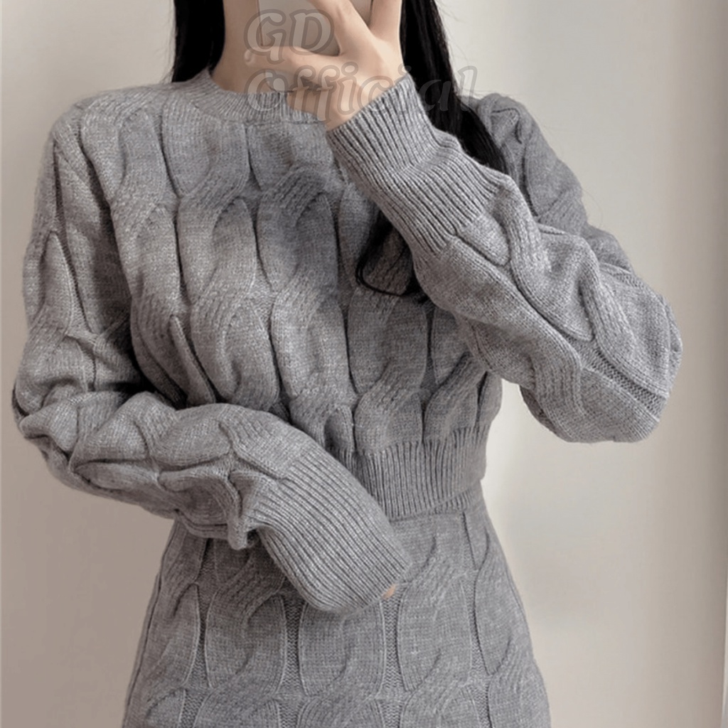 L77|Áo len croptop dệt kim dáng ngắn dài tay cho nữ, váy ôm body vặn thừng cạp lưng cao màu trắng, xám GD Official