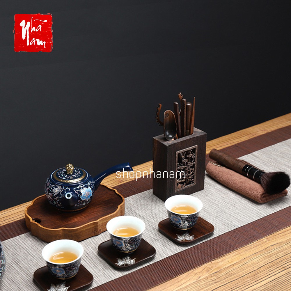 Ống cắm trà cụ bằng gỗ - phụ kiện pha trà đạo bàn trà hoạ tiết tứ quý đẹp cao cấp
