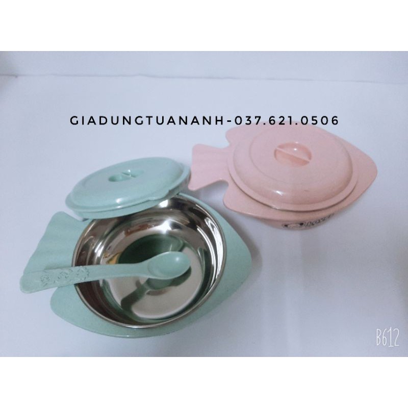 Bát ăn dặm giữ nhiệt lõi inox có nắp cao cấp kèm thìa lúa mạch
