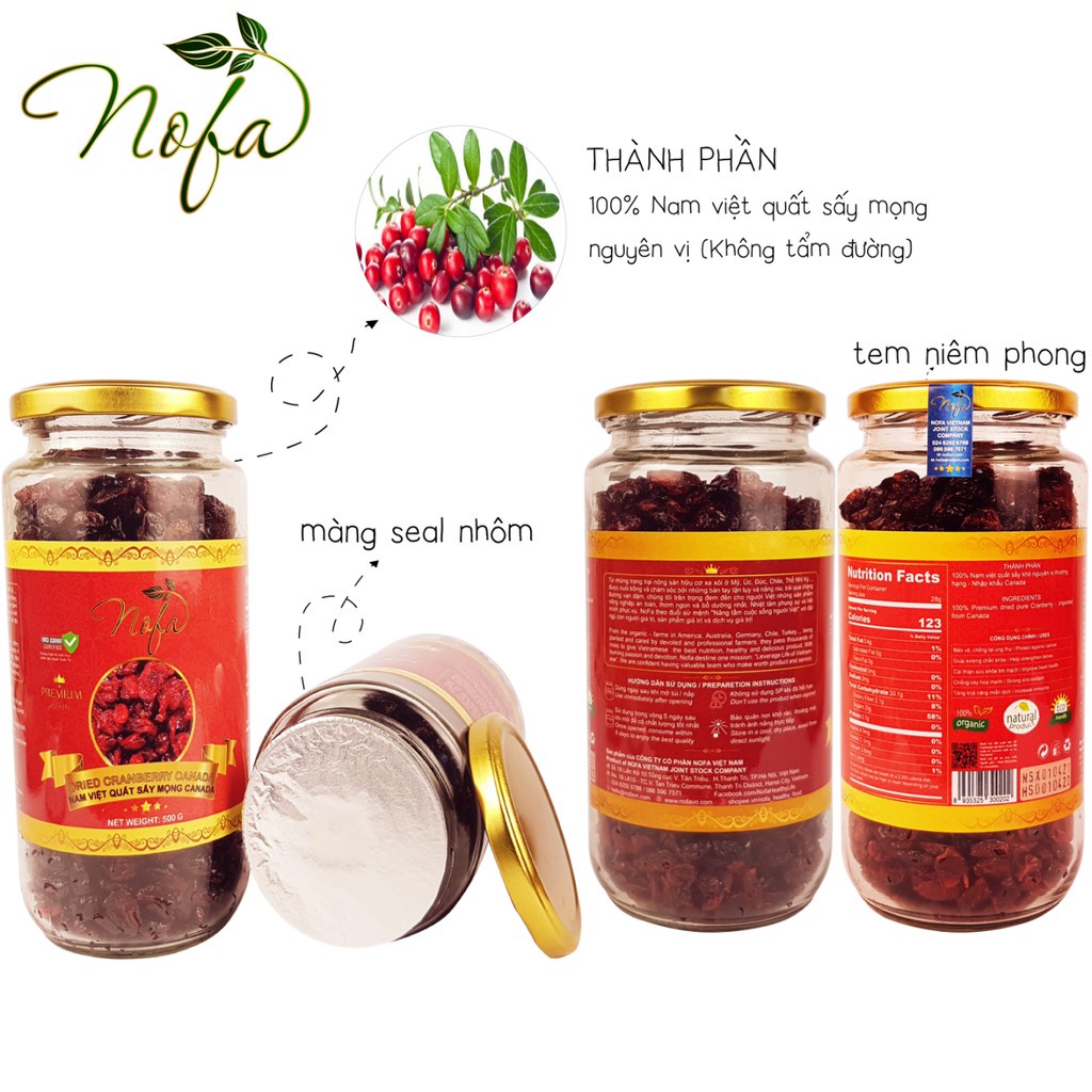 Nam việt quất Mỹ sấy Nofa, không đường, dẻo thơm, hàng nhập khẩu thượng hạng đầy đủ giấy tờ