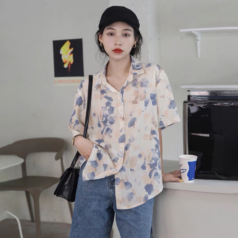 Áo Sơ Mi Lanh Hoa Nữ  Tay Ngắn Form Dáng Rộng Rãi Phong Cách Hàn-Trang Phục Đi Biển - Mặc Thường Ngày JD45A