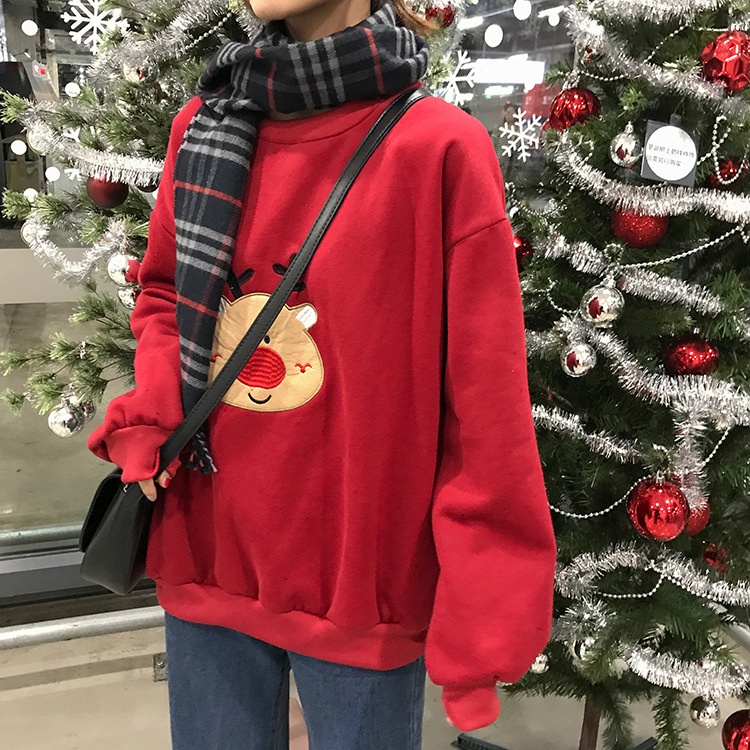 A045 Áo sweater noel nữ Họa Tiết Thêu cây thông người tuyết tuần lộc Áo Nỉ Thu Đông Cute đỏ đen xanh trắng giáng sinh