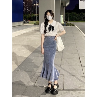 Chân váy jean ôm body đuôi cá dáng dài phong cách Hàn Quốc