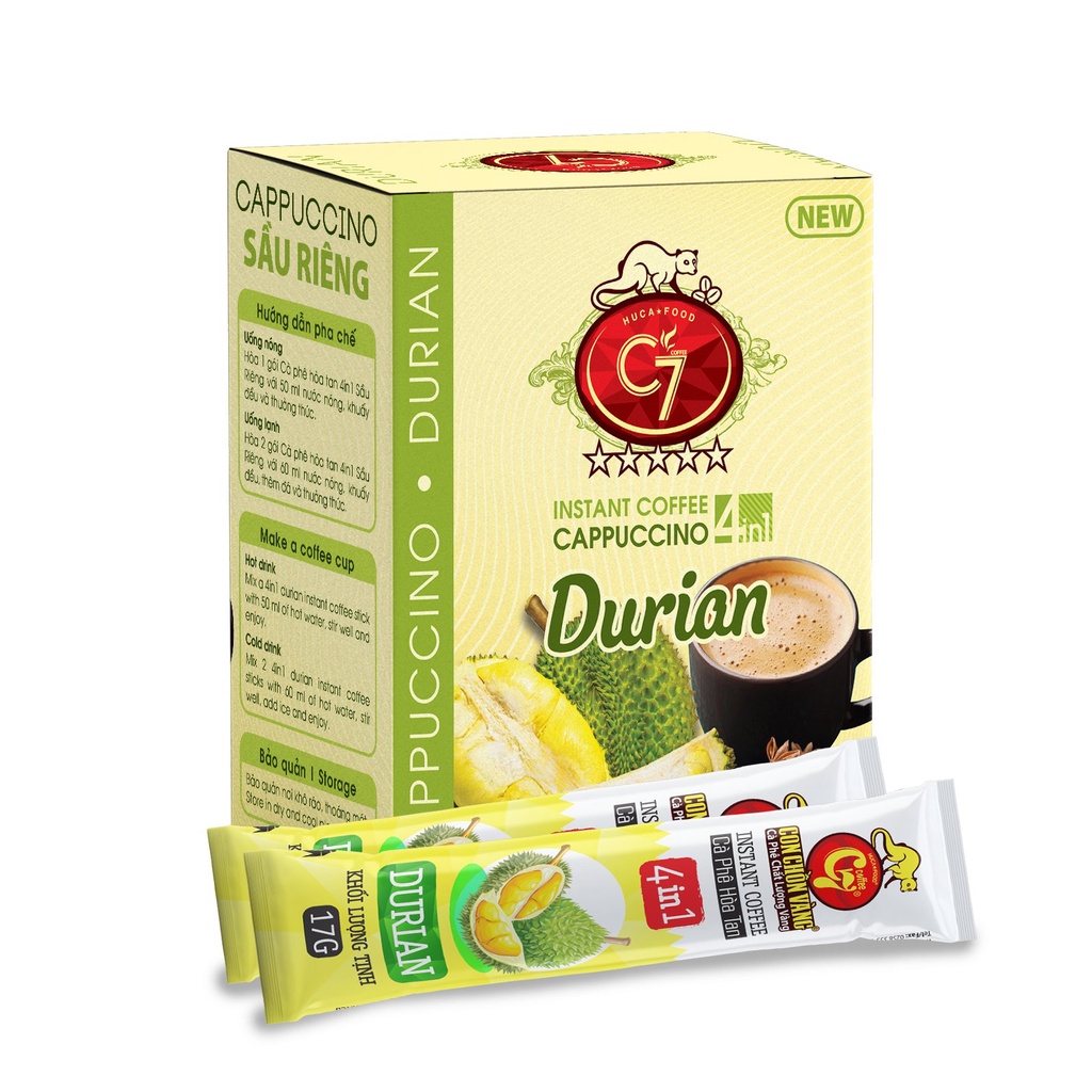 Cà Phê Hòa Tan Sầu Riêng 4in1 Con Chồn Vàng C7 - Durian Instant Coffee - Hộp 16Gói X 17Gr