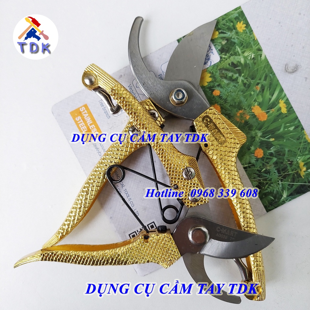 Bộ 2 kéo cắt cành lưỡi thép không gỉ C-Mart, cán vẩy rồng vàng A0056-0708